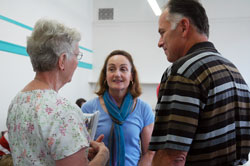 Pacers’ coach Jim O’Brien, right, and his wife, Sharon, center, talk with Oldenburg Franciscan Sister Therese Wente on the occasion of her recent retirement. The O’Briens met Sister Therese while she served as a pastoral associate at St. Mary Parish in Indianapolis. (Submitted photo by Brett Jackson) 