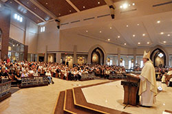 Archbishop Joseph W. Tobin preaches a homily during the Aug. 13 dedication Mass of the new St. Mary Church in Greensburg. (Photo by Sean Gallagher)