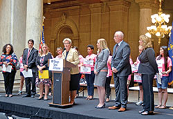 Sue Swayze Liebel, vice president of public affairs for Indiana Right to Life, opens a press conference at the Indiana Statehouse in Indianapolis on June 20. Also speaking at the conference were Indiana Right to Life board member Sandra Hunt, left, Right to Life of Indianapolis president Marc Tuttle, Dzintra Tuttle, state senators Erin Houchin and Mike Delph, and Jodi Smith. (Photo by Natalie Hoefer)