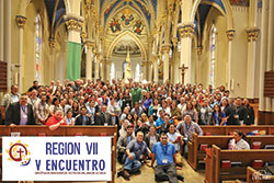 Region VII Encuentro representatives from Illinois, Indiana and Wisconsin pose for a group photo in the Basilica of the Sacred Heart on the campus of the University of Notre Dame after the closing Mass on June 10. (Submitted photo)